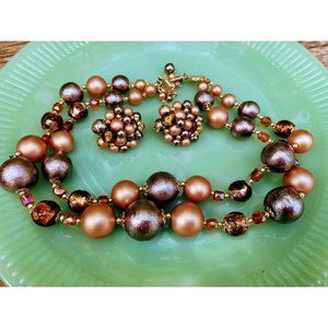 Vintage 1950s 2 Strand Beaded Necklace cluster clip earrings Set